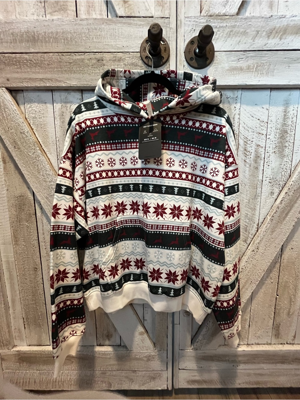 Fabletics White, Red & Green Fair Isle Hooded Sweatshirt